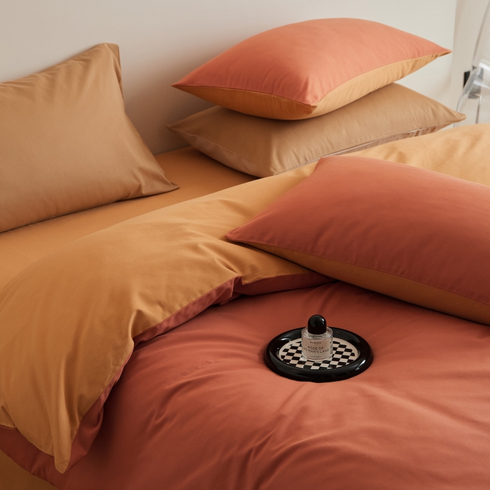 91家纺网 家纺一手货源 找家纺 眷恋家纺 2025新款A类全棉贡缎磨毛双拼色四件套 暖阳