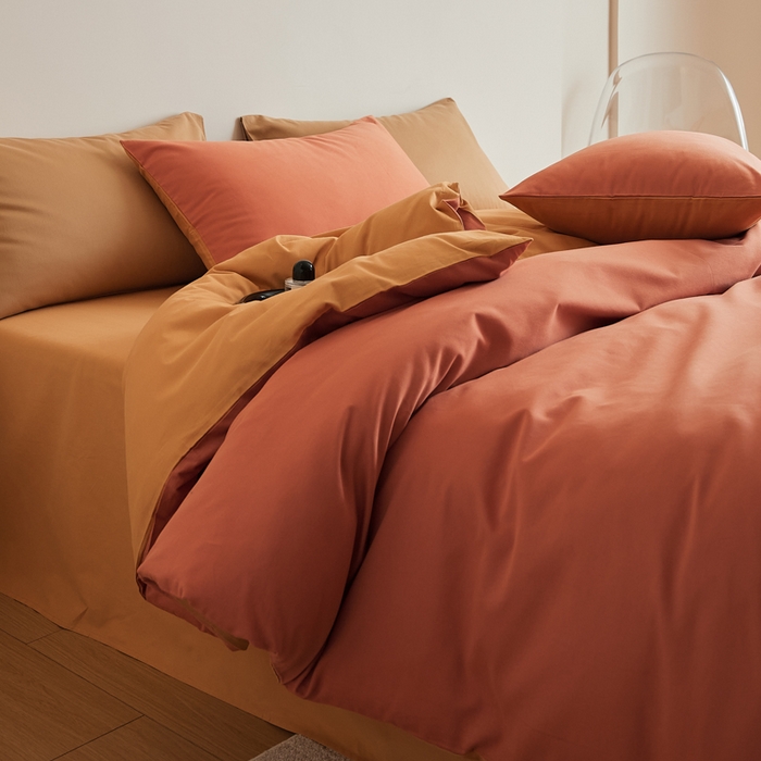 91家纺网 家纺一手货源 找家纺 眷恋家纺 2025新款A类全棉贡缎磨毛双拼色四件套 暖阳