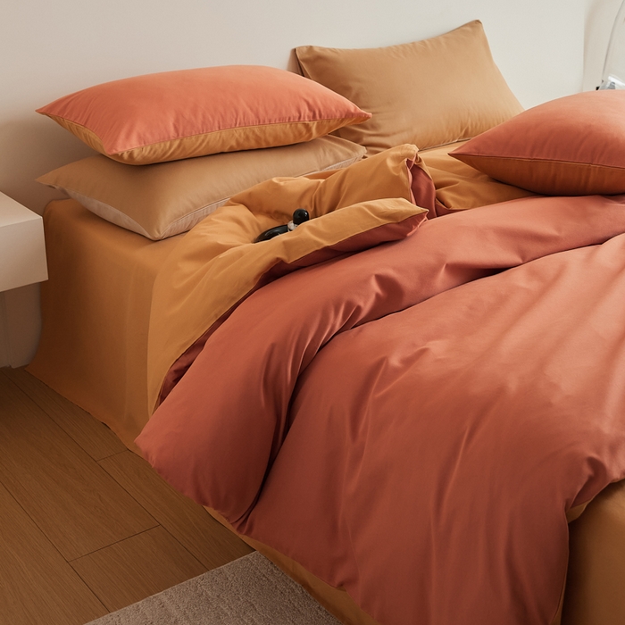 91家纺网 家纺一手货源 找家纺 眷恋家纺 2025新款A类全棉贡缎磨毛双拼色四件套 暖阳