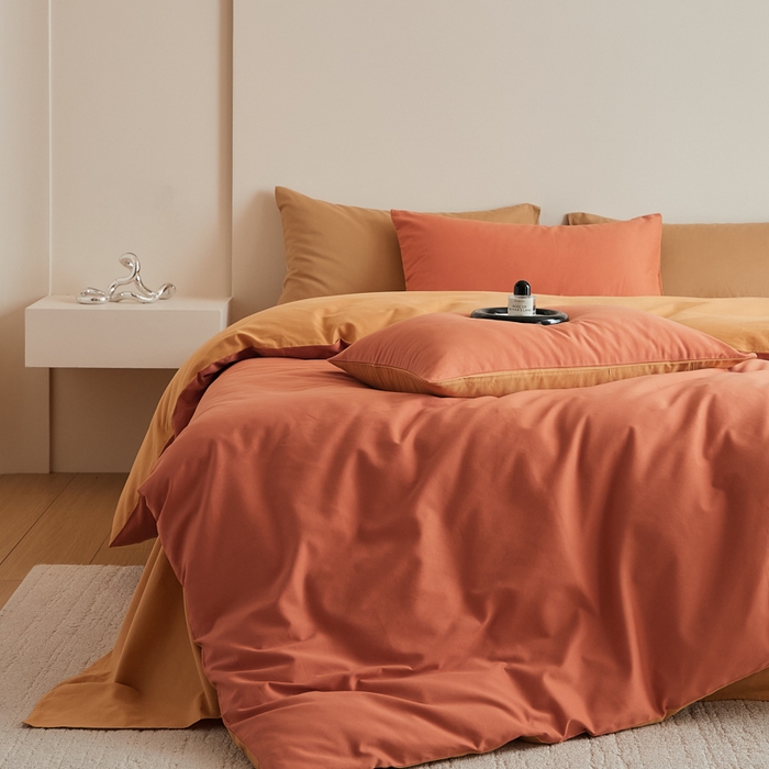 91家纺网 家纺一手货源 找家纺 眷恋家纺 2025新款A类全棉贡缎磨毛双拼色四件套 暖阳