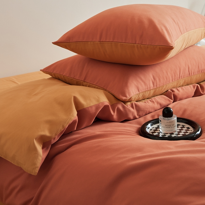 91家纺网 家纺一手货源 找家纺 眷恋家纺 2025新款A类全棉贡缎磨毛双拼色四件套 暖阳