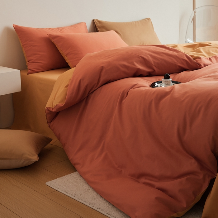 91家纺网 家纺一手货源 找家纺 眷恋家纺 2025新款A类全棉贡缎磨毛双拼色四件套 暖阳