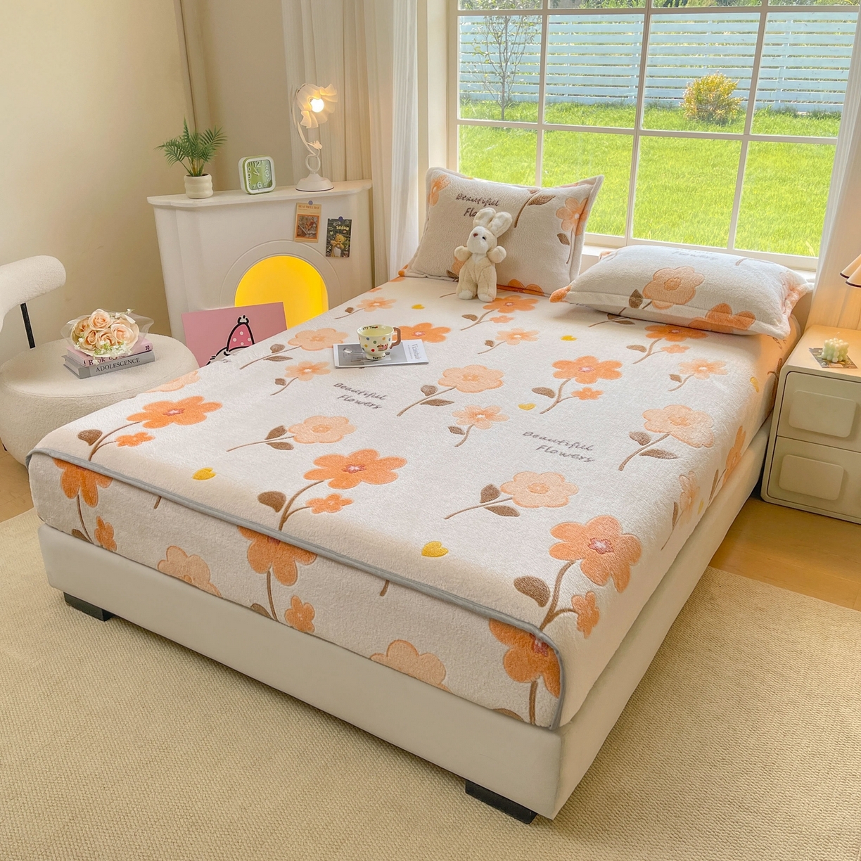 91家纺网 家纺一手货源 找家纺 牵梦萦家纺 2025新款雪花绒立体包边床笠 初夏