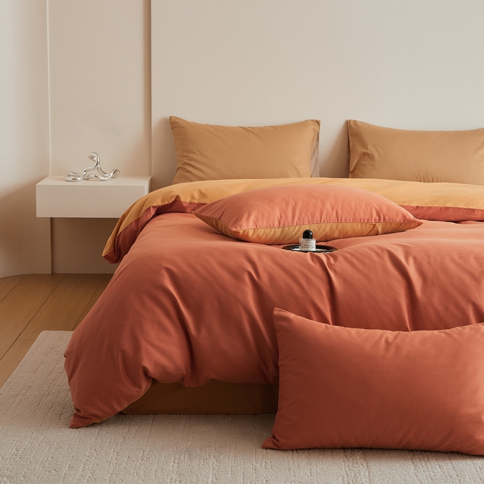 91家纺网 家纺一手货源 找家纺 眷恋家纺 2025新款A类全棉贡缎磨毛双拼色四件套 暖阳