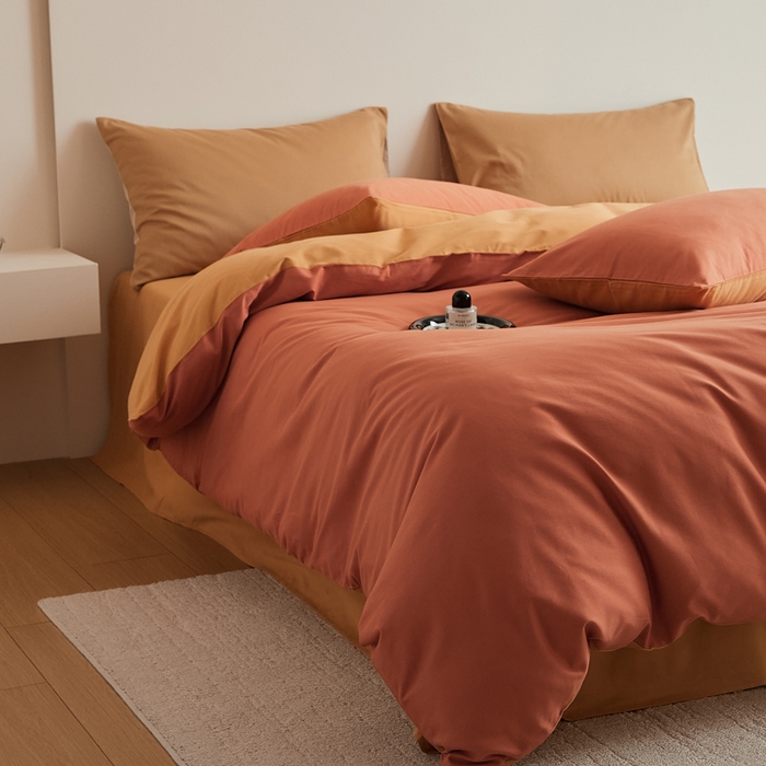 91家纺网 家纺一手货源 找家纺 眷恋家纺 2025新款A类全棉贡缎磨毛双拼色四件套 暖阳