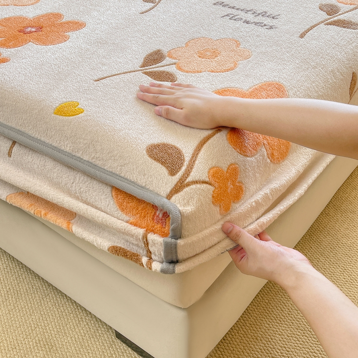 91家纺网 家纺一手货源 找家纺 牵梦萦家纺 2025新款雪花绒立体包边床笠 初夏