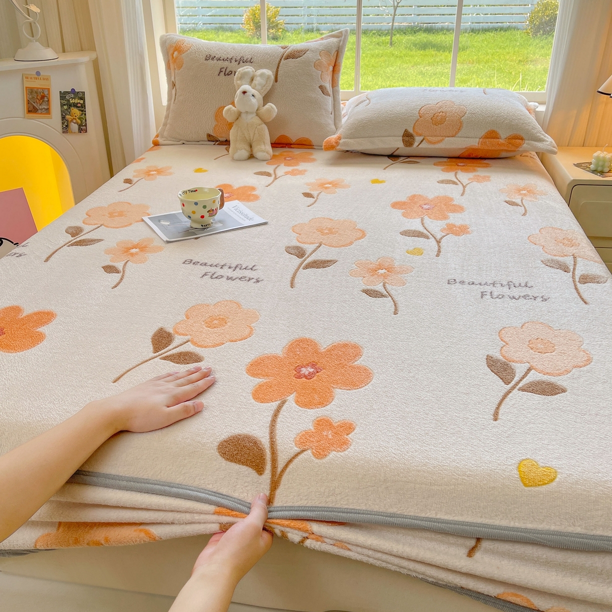 91家纺网 家纺一手货源 找家纺 牵梦萦家纺 2025新款雪花绒立体包边床笠 初夏