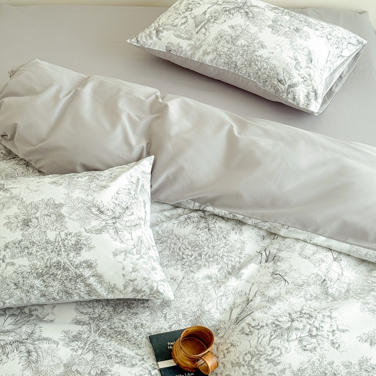 91家纺网 家纺一手货源 找家纺 窝米 2025新款全棉纯棉火山磨毛花卉四件套-第五批 浮生-灰