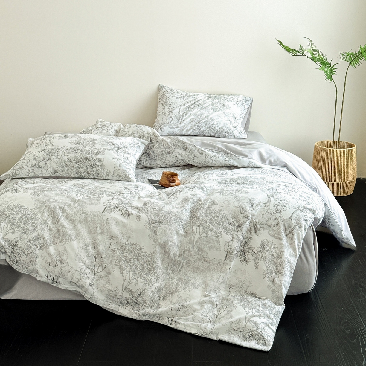 窝米 2025新款全棉纯棉火山磨毛花卉四件套-第五批 浮生-灰