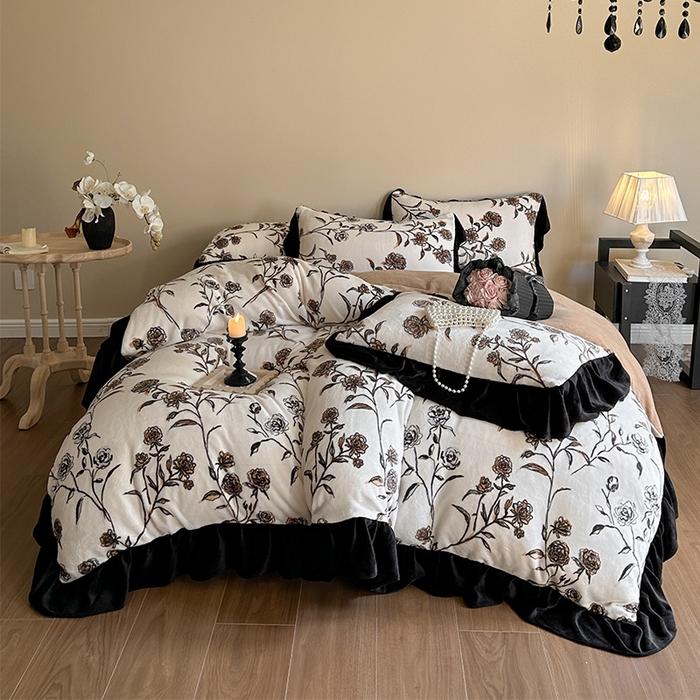 91家纺网 家纺一手货源 找家纺 安哆啦家纺 2025新款法式赫本风牛奶绒四件套 法式-叶璃