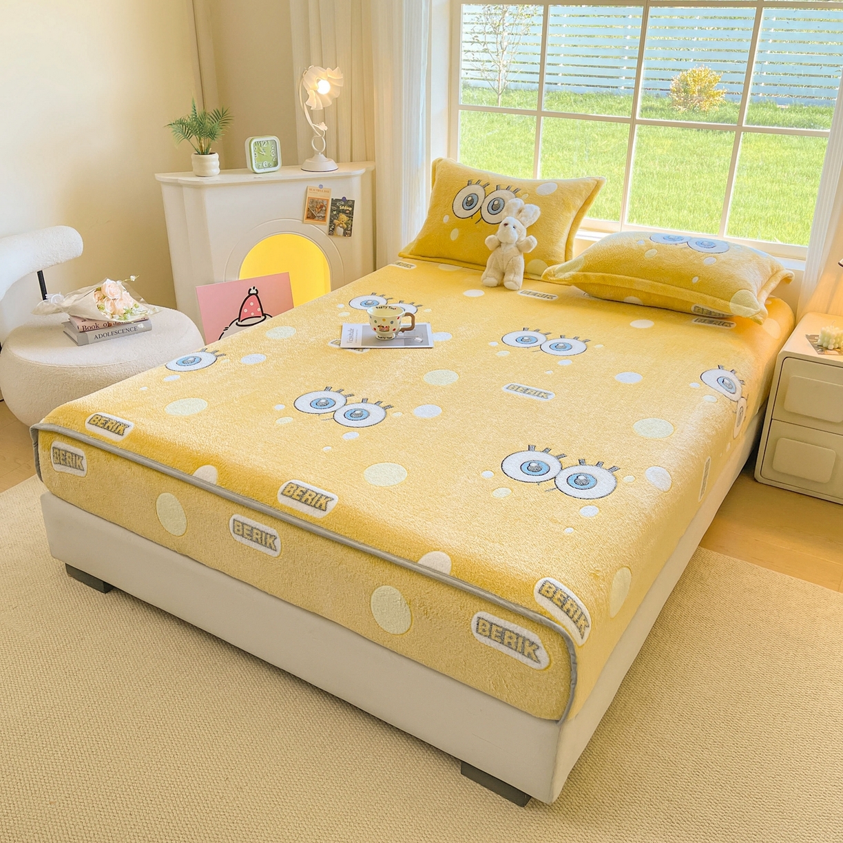 91家纺网 家纺一手货源 找家纺 牵梦萦家纺 2025新款雪花绒立体包边床笠 大眼宝宝