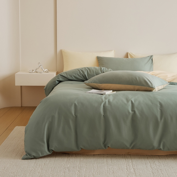 91家纺网 家纺一手货源 找家纺 眷恋家纺 2025新款A类全棉贡缎磨毛双拼色四件套 松风