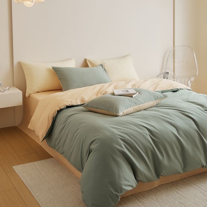 91家纺网 家纺一手货源 找家纺 眷恋家纺 2025新款A类全棉贡缎磨毛双拼色四件套 松风