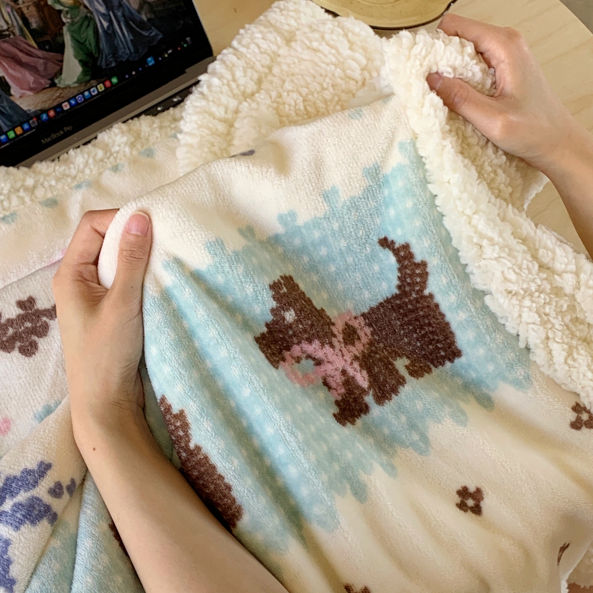 91家纺网 家纺一手货源 找家纺 桃喜 2025秋冬新款加厚牛奶绒羊羔绒披肩毯 费尔岛狗狗蓝（羊羔绒披肩毯）