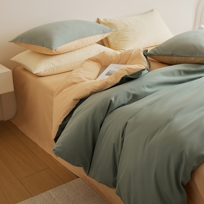 91家纺网 家纺一手货源 找家纺 眷恋家纺 2025新款A类全棉贡缎磨毛双拼色四件套 松风