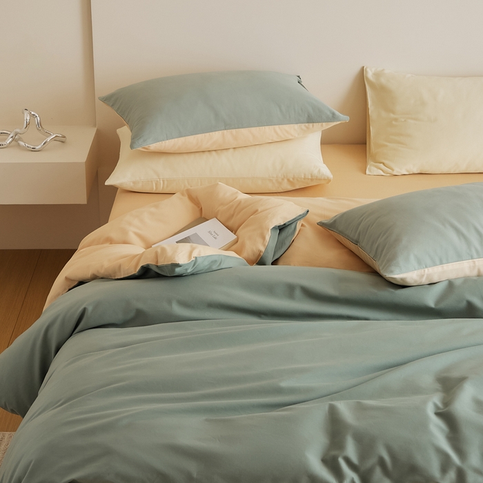 91家纺网 家纺一手货源 找家纺 眷恋家纺 2025新款A类全棉贡缎磨毛双拼色四件套 松风