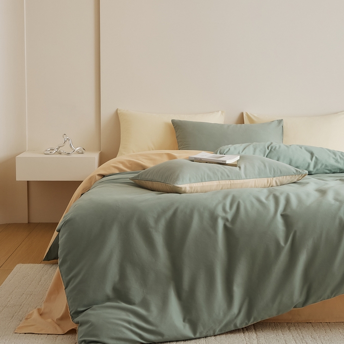 91家纺网 家纺一手货源 找家纺 眷恋家纺 2025新款A类全棉贡缎磨毛双拼色四件套 松风