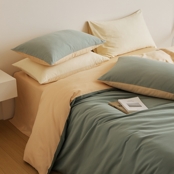 91家纺网 家纺一手货源 找家纺 眷恋家纺 2025新款A类全棉贡缎磨毛双拼色四件套 松风