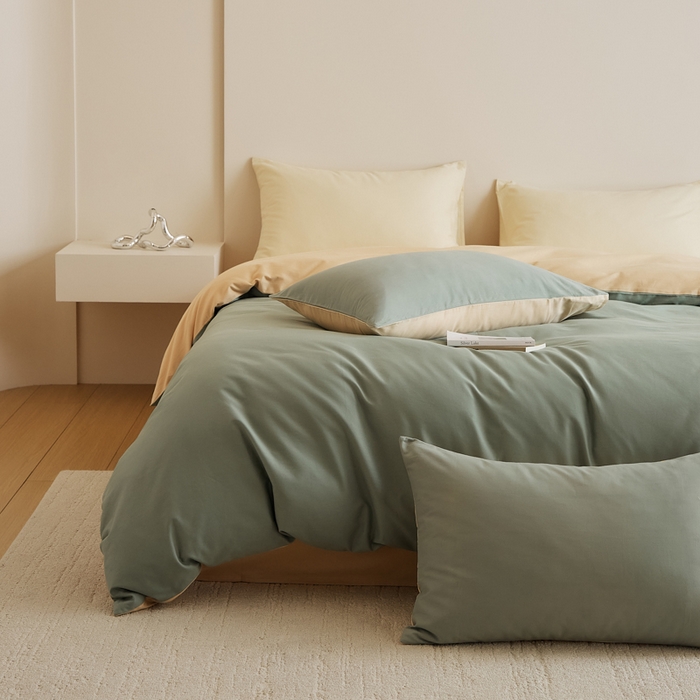 91家纺网 家纺一手货源 找家纺 眷恋家纺 2025新款A类全棉贡缎磨毛双拼色四件套 松风