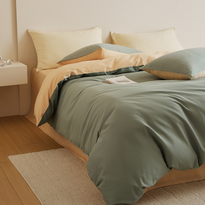 91家纺网 家纺一手货源 找家纺 眷恋家纺 2025新款A类全棉贡缎磨毛双拼色四件套 松风