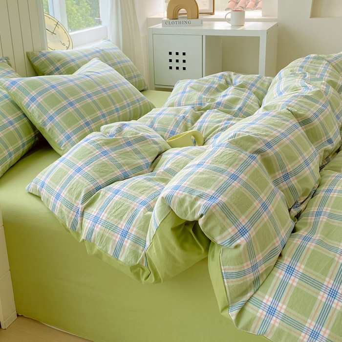 91家纺网 家纺一手货源 找家纺 春皖家纺 2025新款全棉纯棉色织AB版水洗棉四件套 初恋