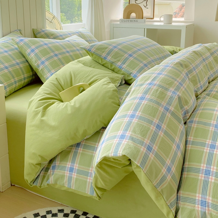 91家纺网 家纺一手货源 找家纺 春皖家纺 2025新款全棉纯棉色织AB版水洗棉四件套 初恋