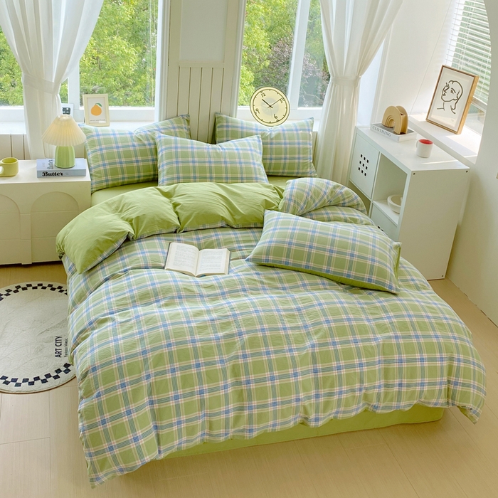 91家纺网 家纺一手货源 找家纺 春皖家纺 2025新款全棉纯棉色织AB版水洗棉四件套 初恋