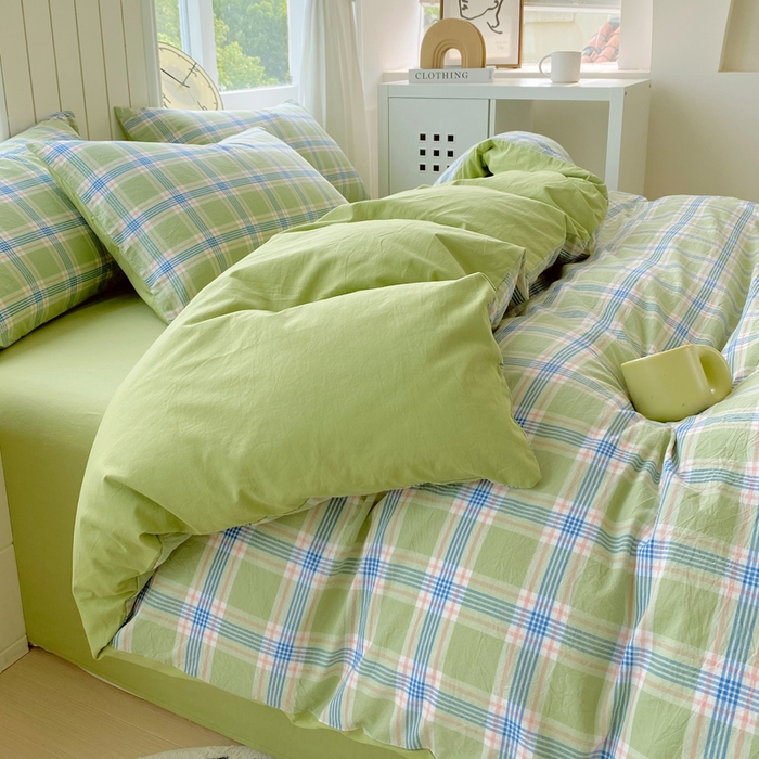 91家纺网 家纺一手货源 找家纺 春皖家纺 2025新款全棉纯棉色织AB版水洗棉四件套 初恋