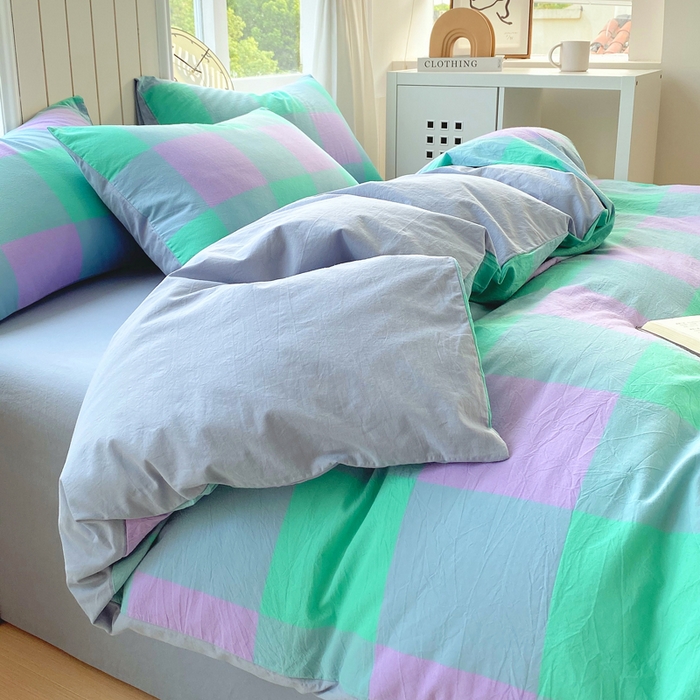 91家纺网 家纺一手货源 找家纺 春皖家纺 2025新款全棉纯棉色织AB版水洗棉四件套 胭紫