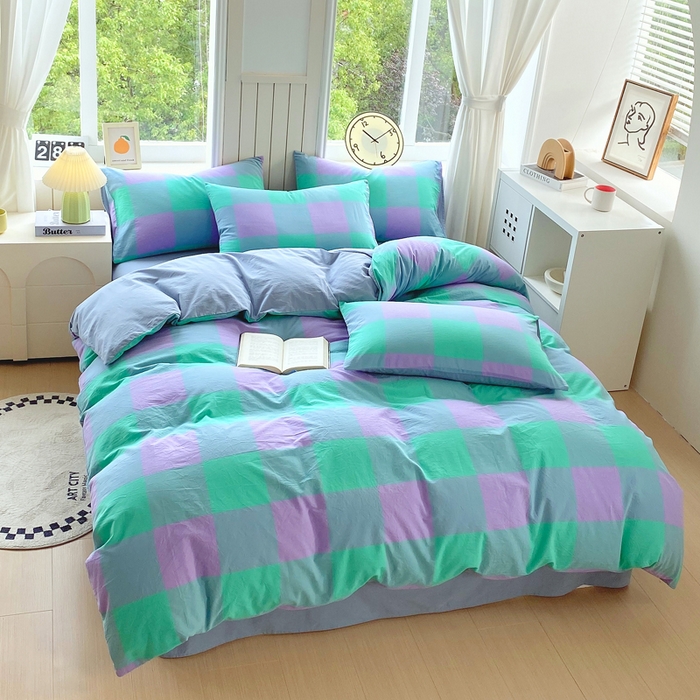 91家纺网 家纺一手货源 找家纺 春皖家纺 2025新款全棉纯棉色织AB版水洗棉四件套 胭紫