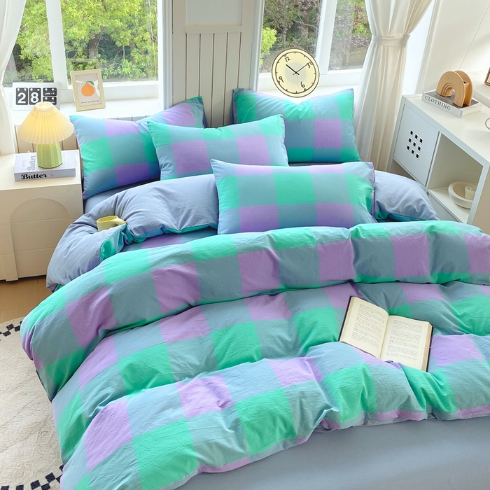 91家纺网 家纺一手货源 找家纺 春皖家纺 2025新款全棉纯棉色织AB版水洗棉四件套 胭紫