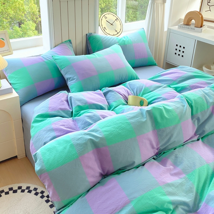 91家纺网 家纺一手货源 找家纺 春皖家纺 2025新款全棉纯棉色织AB版水洗棉四件套 胭紫