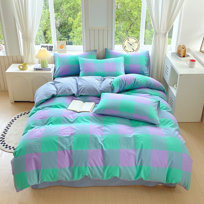 91家纺网 家纺一手货源 找家纺 春皖家纺 2025新款全棉纯棉色织AB版水洗棉四件套 胭紫