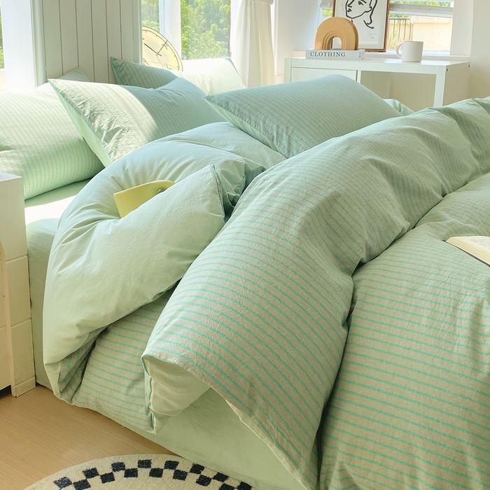 91家纺网 家纺一手货源 找家纺 春皖家纺 2025新款全棉纯棉色织AB版水洗棉四件套 影青