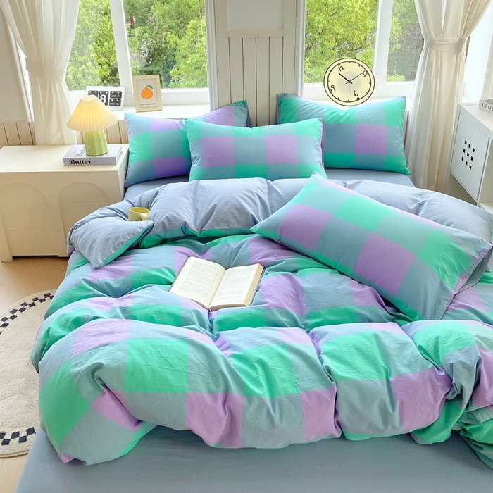 91家纺网 家纺一手货源 找家纺 春皖家纺 2025新款全棉纯棉色织AB版水洗棉四件套 胭紫