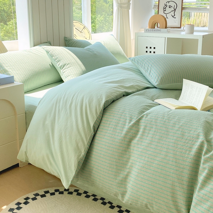 91家纺网 家纺一手货源 找家纺 春皖家纺 2025新款全棉纯棉色织AB版水洗棉四件套 影青