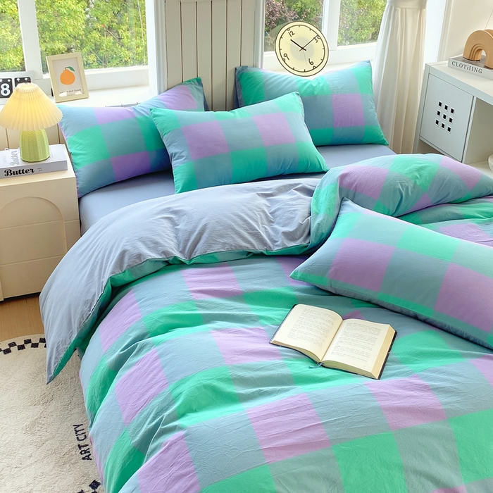 91家纺网 家纺一手货源 找家纺 春皖家纺 2025新款全棉纯棉色织AB版水洗棉四件套 胭紫