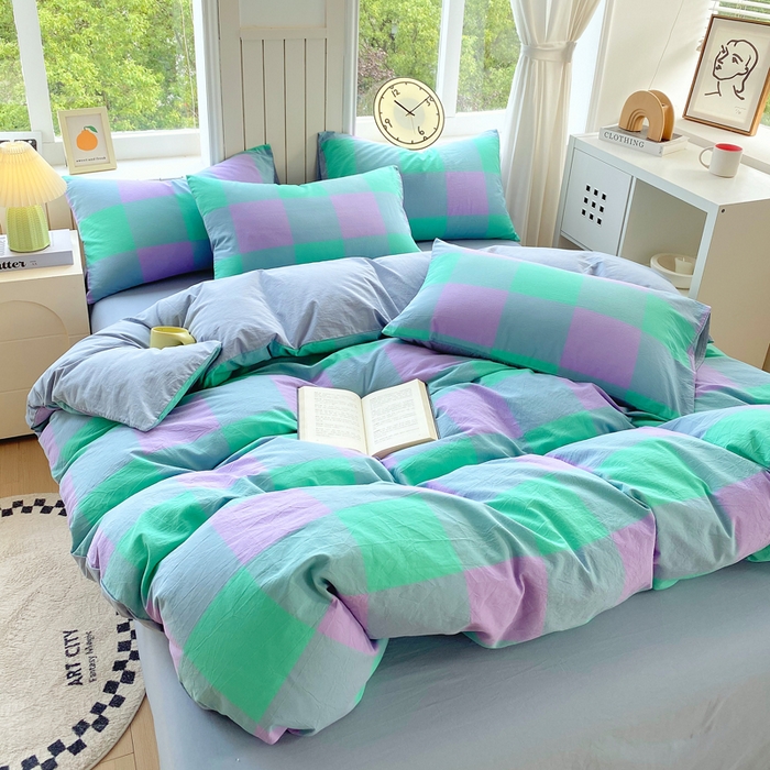 91家纺网 家纺一手货源 找家纺 春皖家纺 2025新款全棉纯棉色织AB版水洗棉四件套 胭紫