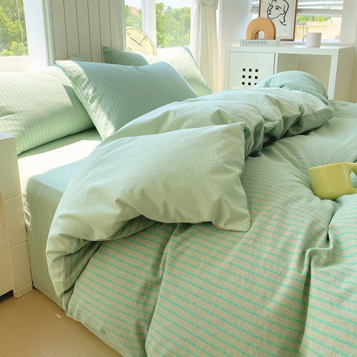 91家纺网 家纺一手货源 找家纺 春皖家纺 2025新款全棉纯棉色织AB版水洗棉四件套 影青