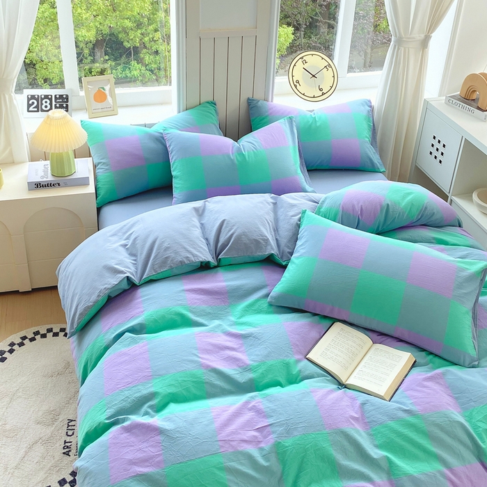 91家纺网 家纺一手货源 找家纺 春皖家纺 2025新款全棉纯棉色织AB版水洗棉四件套 胭紫