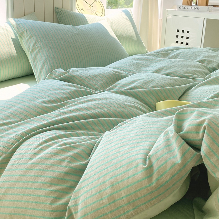 91家纺网 家纺一手货源 找家纺 春皖家纺 2025新款全棉纯棉色织AB版水洗棉四件套 影青