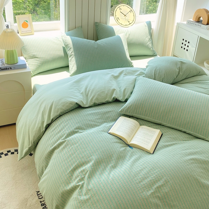 91家纺网 家纺一手货源 找家纺 春皖家纺 2025新款全棉纯棉色织AB版水洗棉四件套 影青