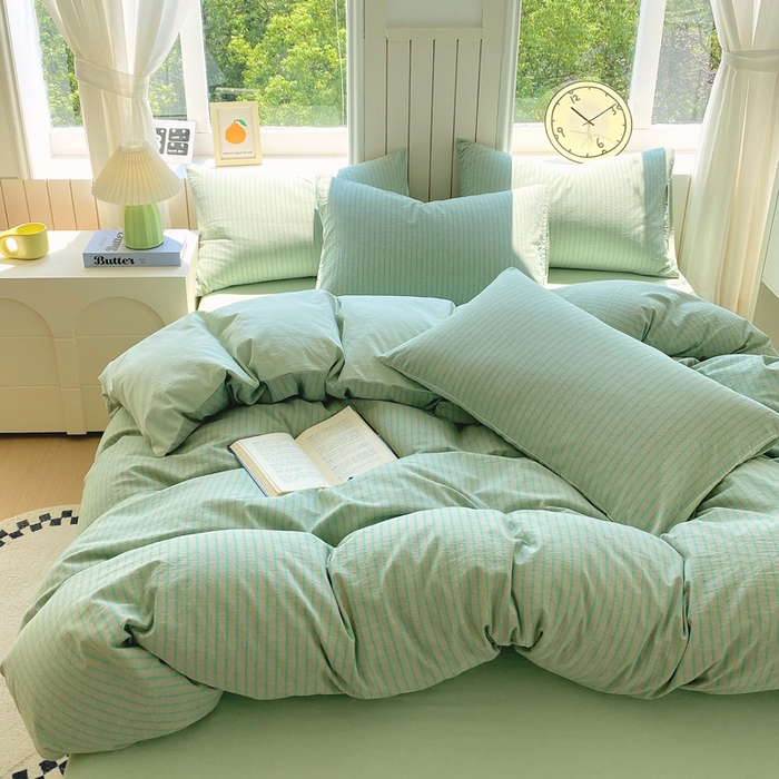 91家纺网 家纺一手货源 找家纺 春皖家纺 2025新款全棉纯棉色织AB版水洗棉四件套 影青