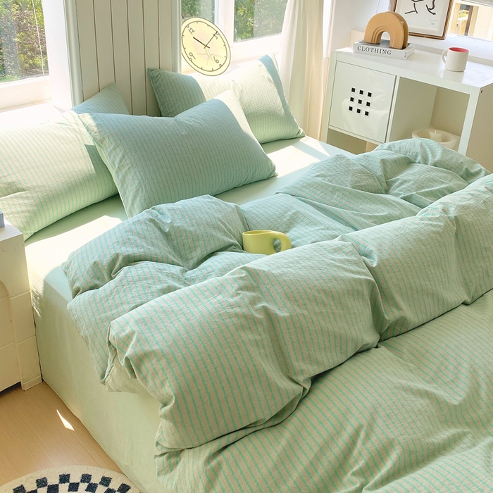 91家纺网 家纺一手货源 找家纺 春皖家纺 2025新款全棉纯棉色织AB版水洗棉四件套 影青