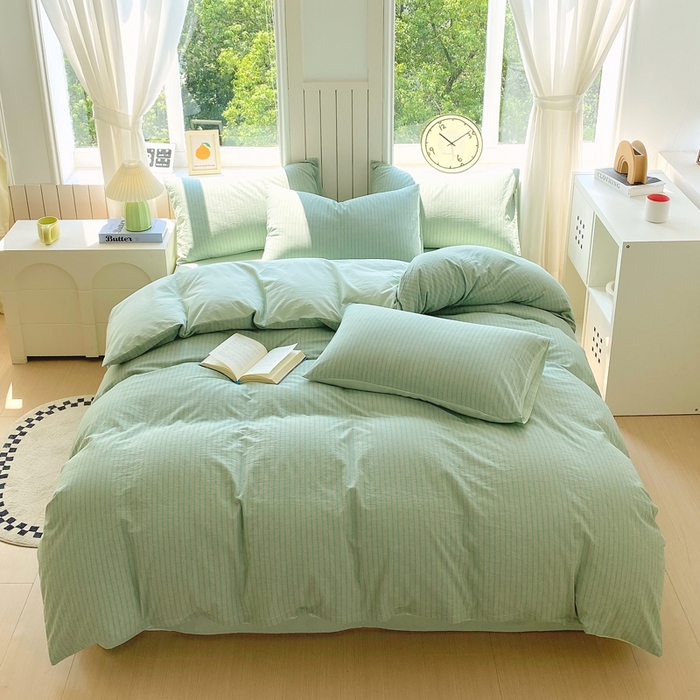 91家纺网 家纺一手货源 找家纺 春皖家纺 2025新款全棉纯棉色织AB版水洗棉四件套 影青