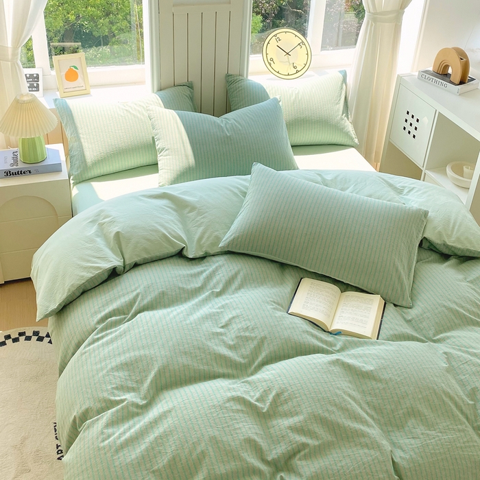 91家纺网 家纺一手货源 找家纺 春皖家纺 2025新款全棉纯棉色织AB版水洗棉四件套 影青