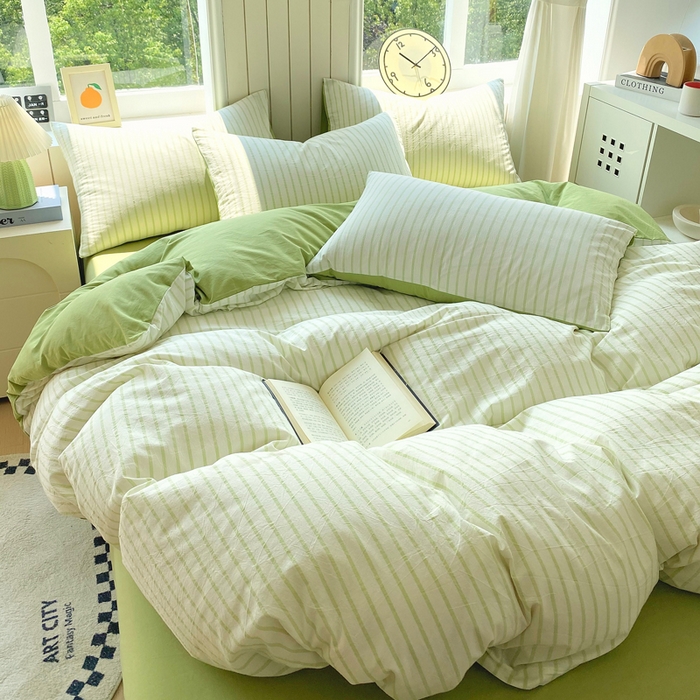 91家纺网 家纺一手货源 找家纺 春皖家纺 2025新款全棉纯棉色织AB版水洗棉四件套 青禾