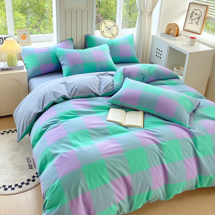 91家纺网 家纺一手货源 找家纺 春皖家纺 2025新款全棉纯棉色织AB版水洗棉四件套 胭紫