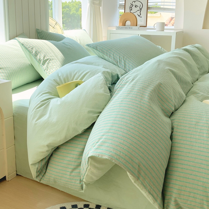 91家纺网 家纺一手货源 找家纺 春皖家纺 2025新款全棉纯棉色织AB版水洗棉四件套 影青