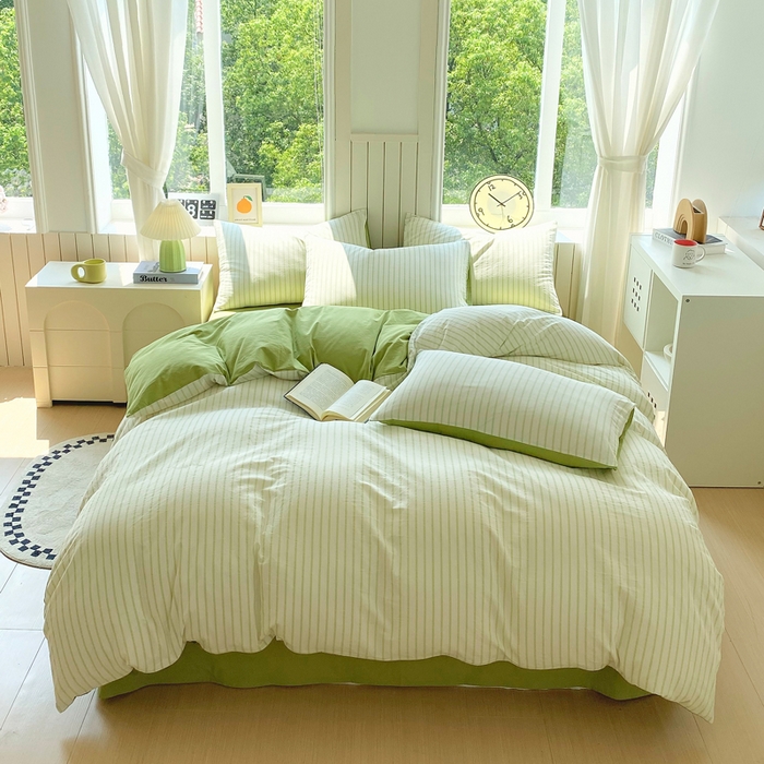 91家纺网 家纺一手货源 找家纺 春皖家纺 2025新款全棉纯棉色织AB版水洗棉四件套 青禾